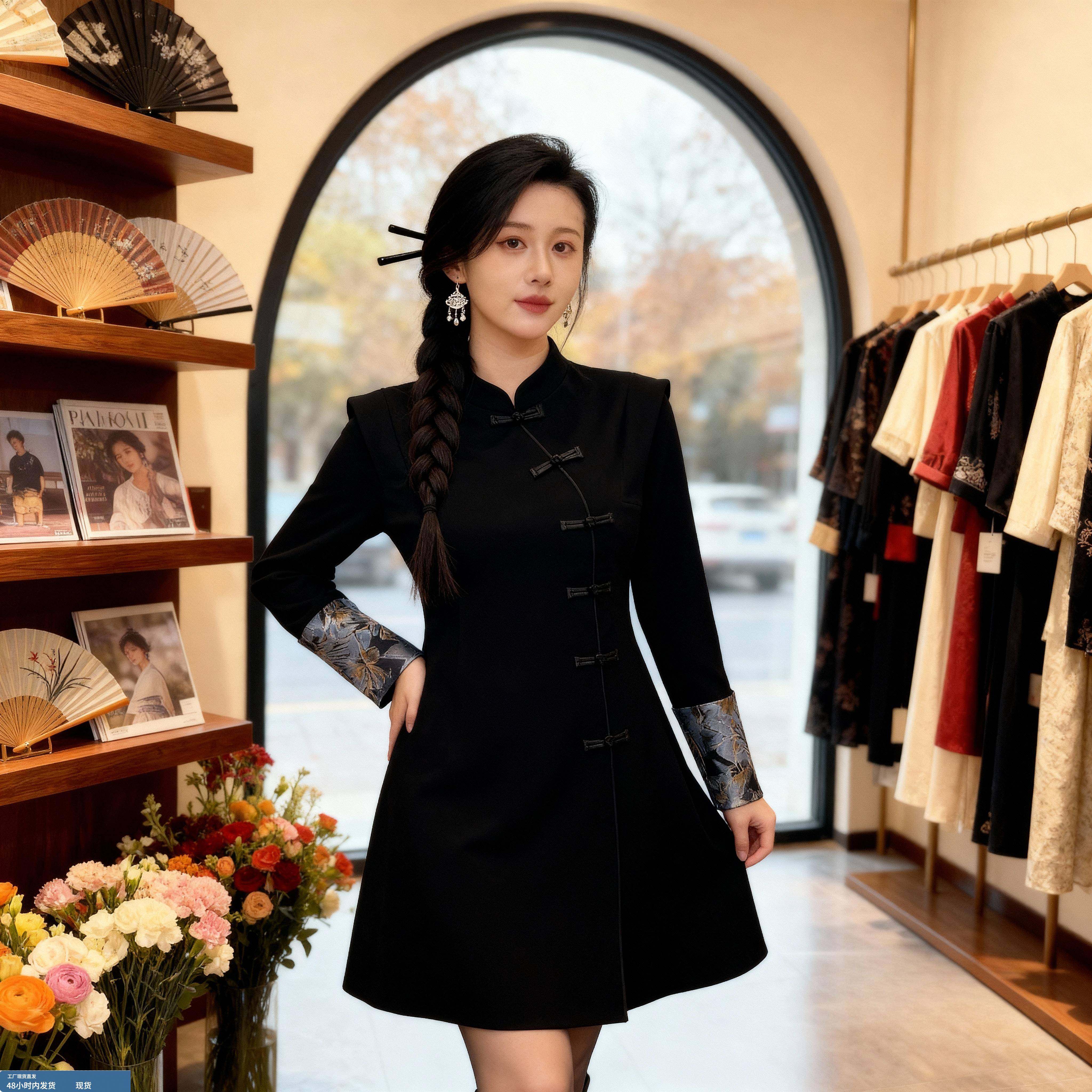 大码复古风中式改良旗袍裙微胖MM盘扣立领拼接袖显瘦新中式连衣裙