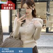 低领蕾丝打底衫 独特别致辣妹上衣 女秋冬内搭可外穿毛衣V领针织衫