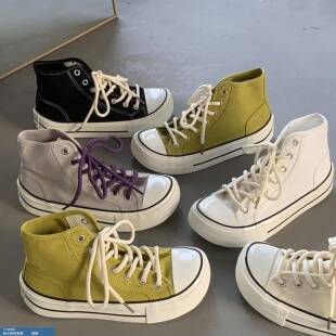 旺仔是条狗方头纯色平底经典高帮系带帆布鞋女休闲板鞋原创小众