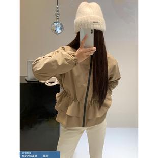 立领鹅绒羽绒服女短款荷叶边裙摆抽绳收腰白鹅绒外套2025冬季新款