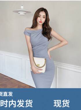 名媛风高级感一字领露肩无袖洋装女春秋冬修身内搭配大衣包臀裙