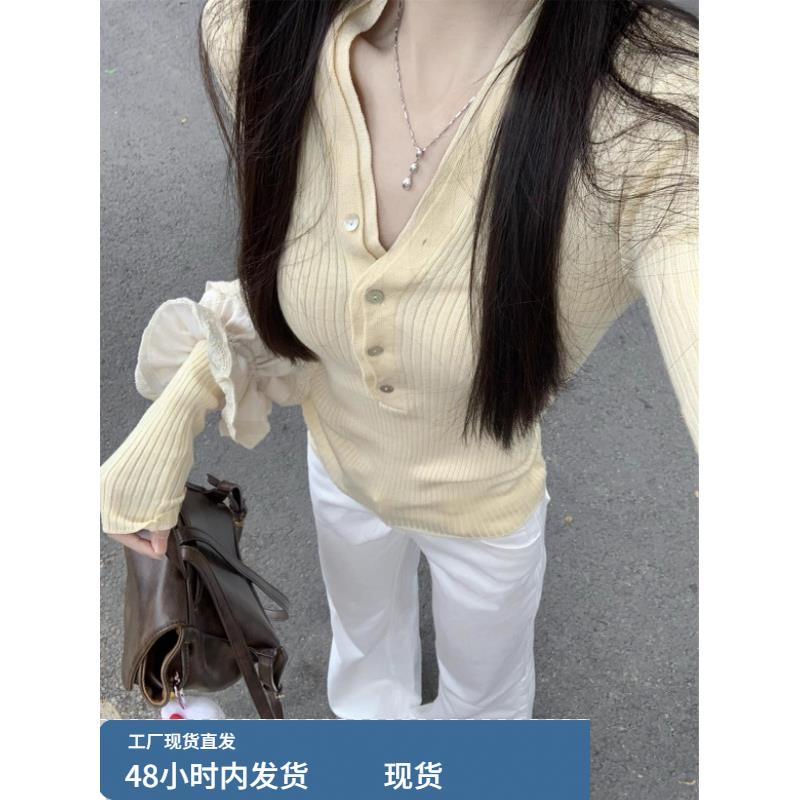 黄色v领打底针织衫女2025新款秋季内搭修身显瘦气质套头韩系上衣