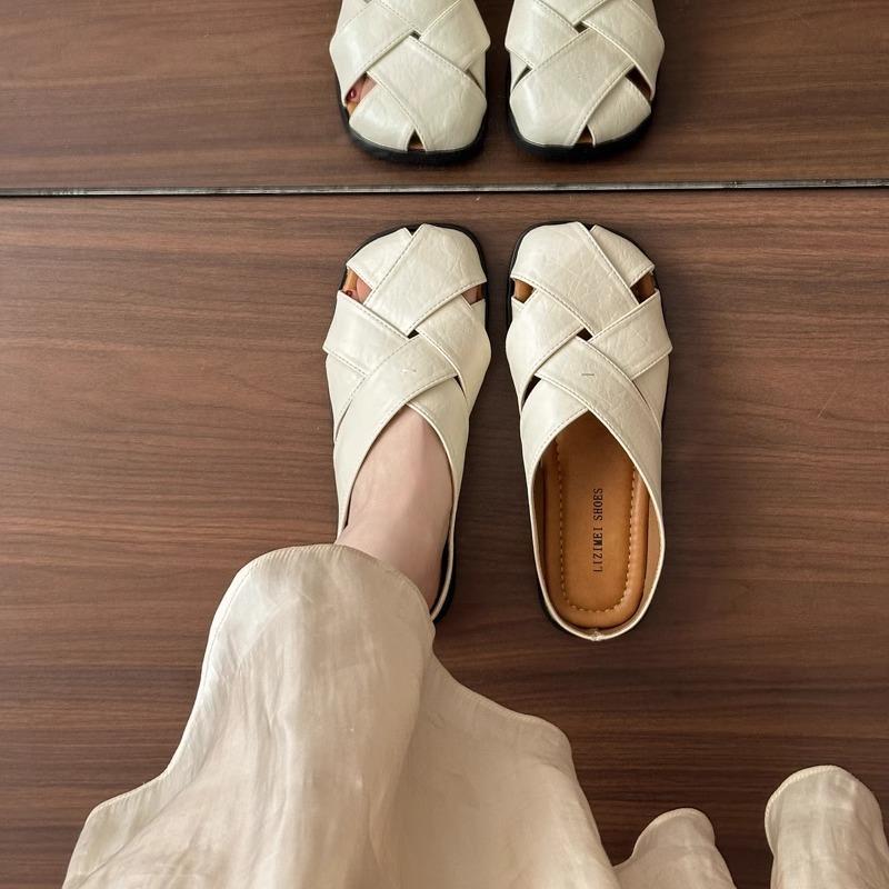 超软羊皮复古交叉带包头半拖鞋女夏外穿2025新款平底防滑穆勒凉拖