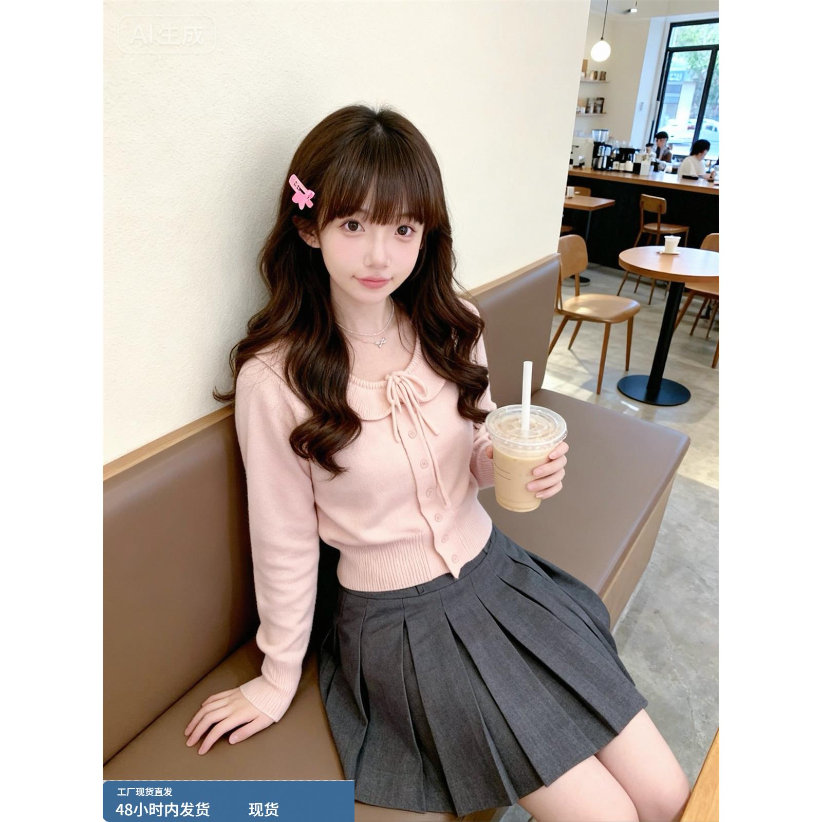 粉色毛衣女2025秋冬季甜美慵懒风娃娃领系带蝴蝶结小个子针织上衣