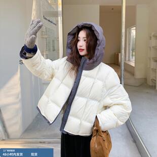 米白色短款连帽云感泡芙羽绒服女冬2025新款小个子90白鸭绒面包服