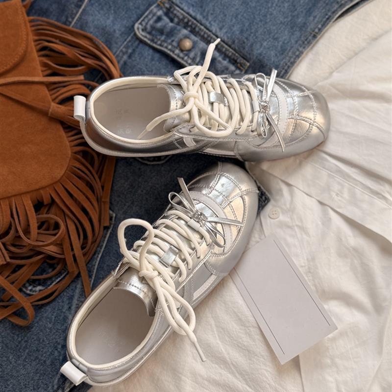 银色内增高德训鞋女款2025秋季新款平底休闲芭蕾运动鞋真皮阿甘鞋