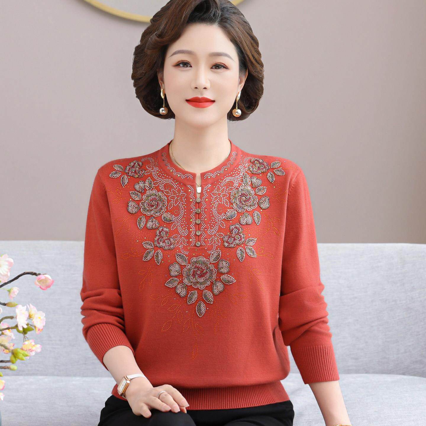 妈妈款春装羊芼衣中年妇女洋派上衣服50岁60中老年人春秋冬打底衫