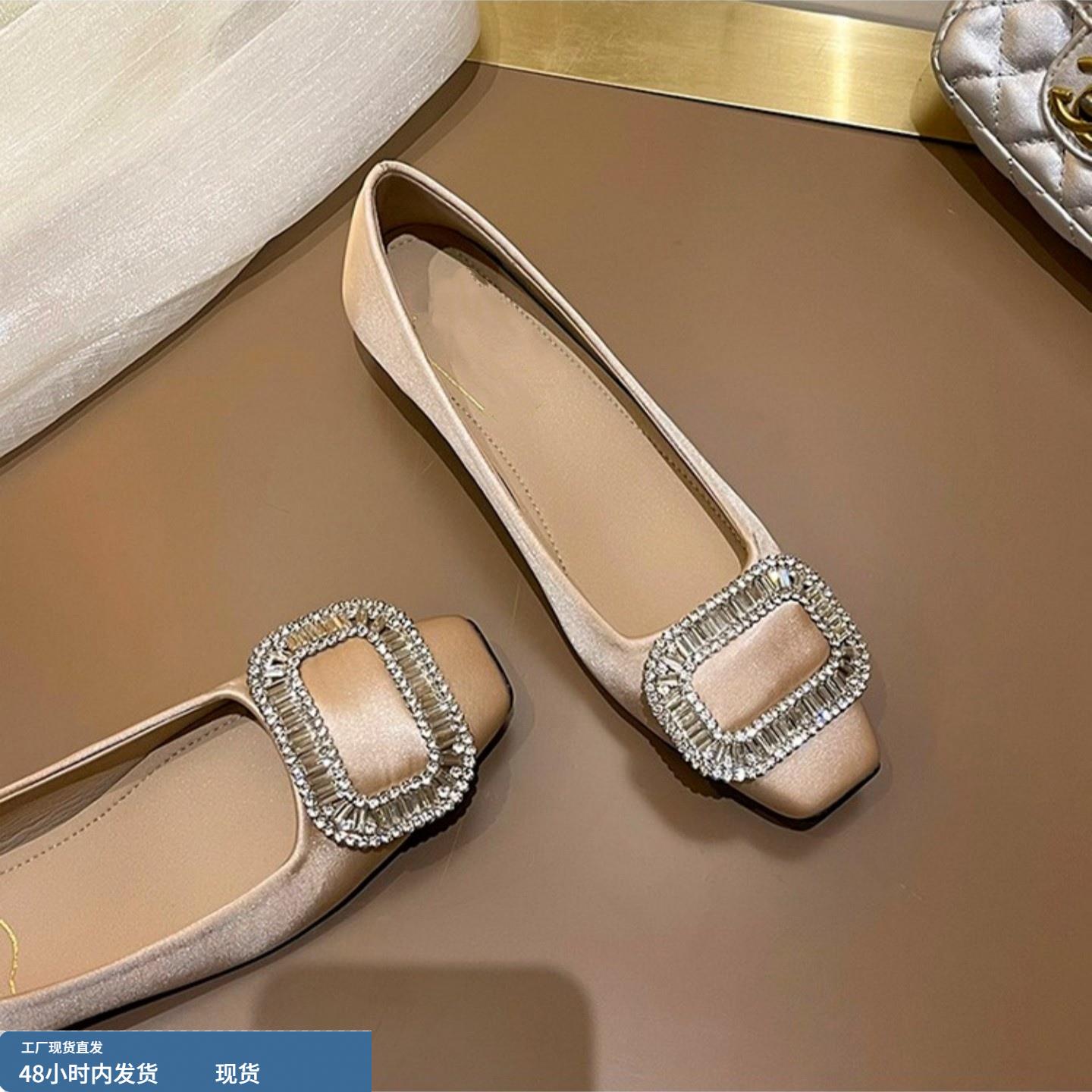 绸缎面rv方扣水钻浅口单鞋女2025春秋新款一脚蹬通勤气质风小跟鞋