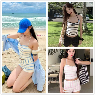 少女分体泳衣比基尼性感显瘦韩国小清新条纹挂脖小胸纯欲温泉海边