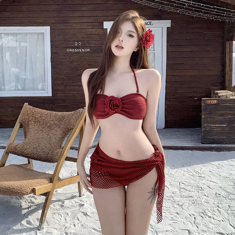 比基尼女三件套红色网纱显白海边性感度假抹胸带胸垫小胸绝美泳衣