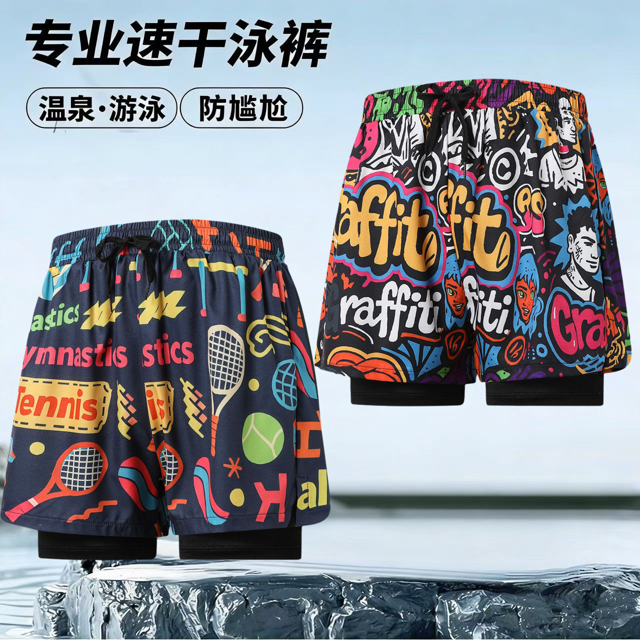 男士泳裤防尴尬速干双层专业训练游泳裤宽松透气涂鸦潮流沙滩裤