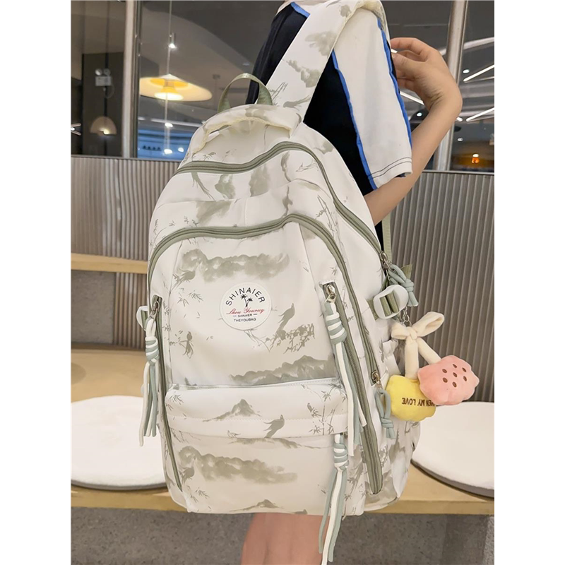 书包初中女生小学生高颜值高中生大容量防水减负水墨图案超火双肩