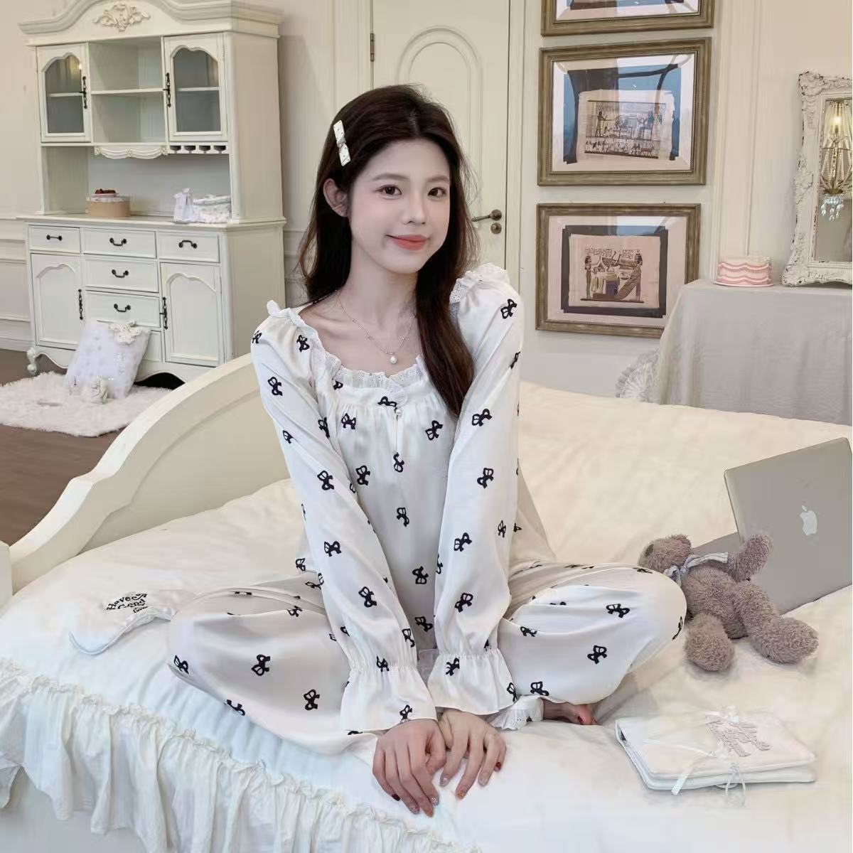 【蝶语柔缎】2026夏季新款甜美风少女蝴蝶结印花高级感睡衣家居服