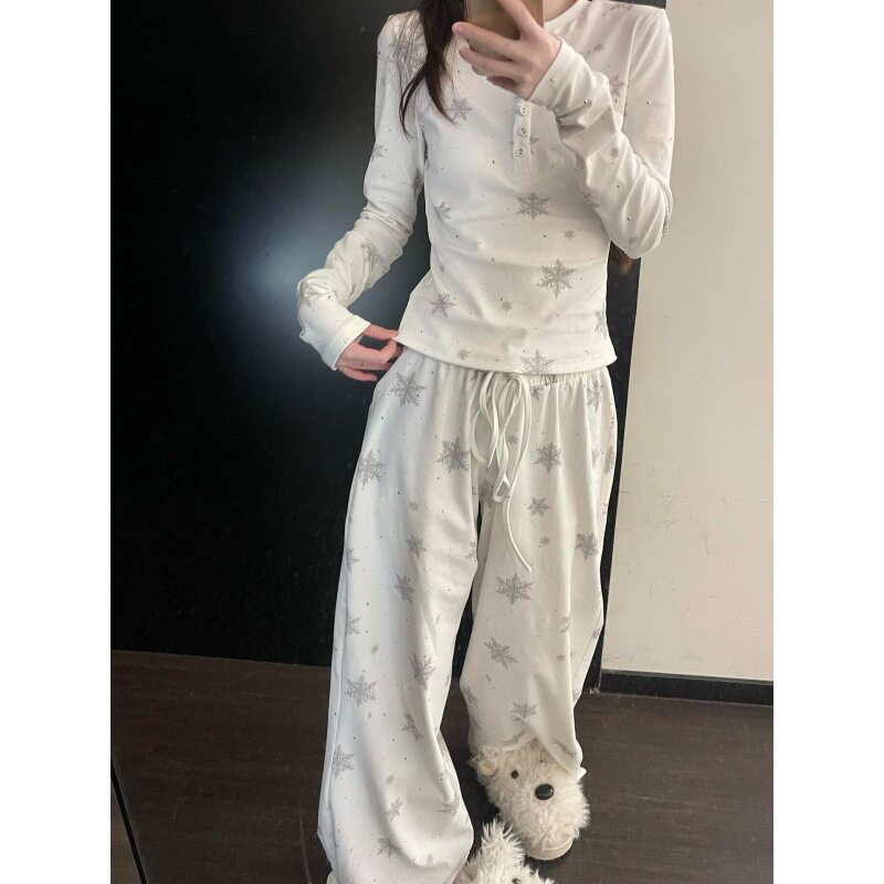 甜美温柔风雪花印花睡衣套装女2026春季新款柔软亲肤家居服两件套