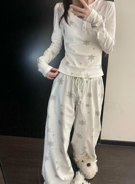 甜美温柔风雪花印花睡衣套装女2026春季新款柔软亲肤家居服两件套