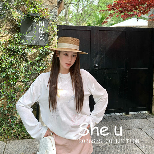 SHE U 韩系甜美风海星宽松上衣2026夏季新款百搭休闲圆领T恤女