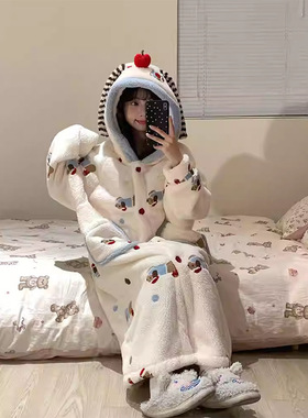 冬日保暖卡通腊肠狗珊瑚绒睡衣女冬季2024软糯大码睡袍家居服睡裙