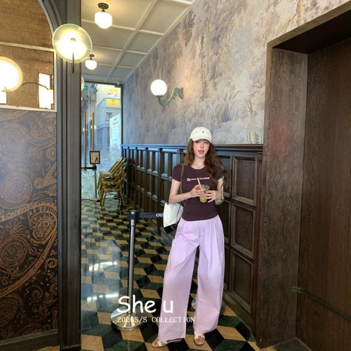 SHE U 休闲多巴胺纯色休闲裤女2026夏季新款高腰显瘦裤子