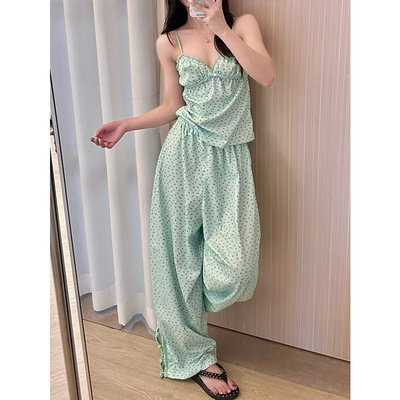 韩系甜美薄荷绿波点吊带睡衣女夏季新款软糯大码宽松家居服两件套