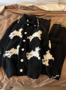 isn风高级感黑色半边绒睡衣女冬季2025新款加厚居家服套装可出门