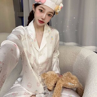 甜味日记 韩版 春季 仿真丝冰丝少女睡衣卡通印花套装 家居服 薄款