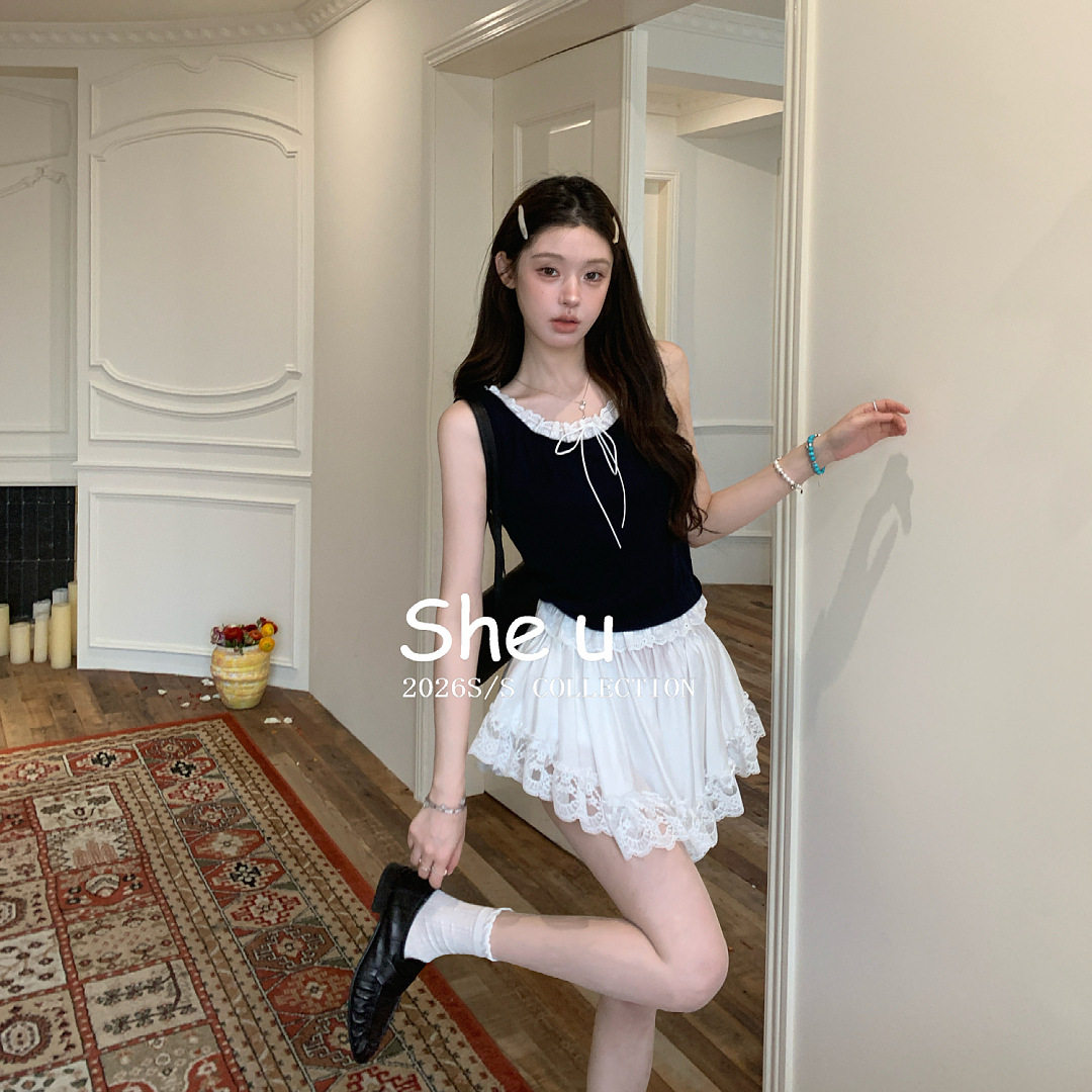 SHE U 韩系少女风松紧腰短裙2026夏季新款百搭显瘦蕾丝半裙