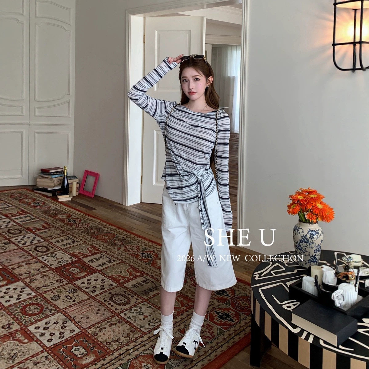 SHE U 韩系OL通勤风条纹T恤女2026秋季新款高街百搭长袖上衣