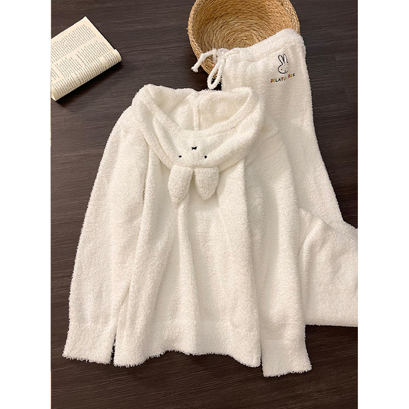 【现货】软糯糯兔子连帽半边绒睡衣女秋冬季可外穿保暖家居服套装