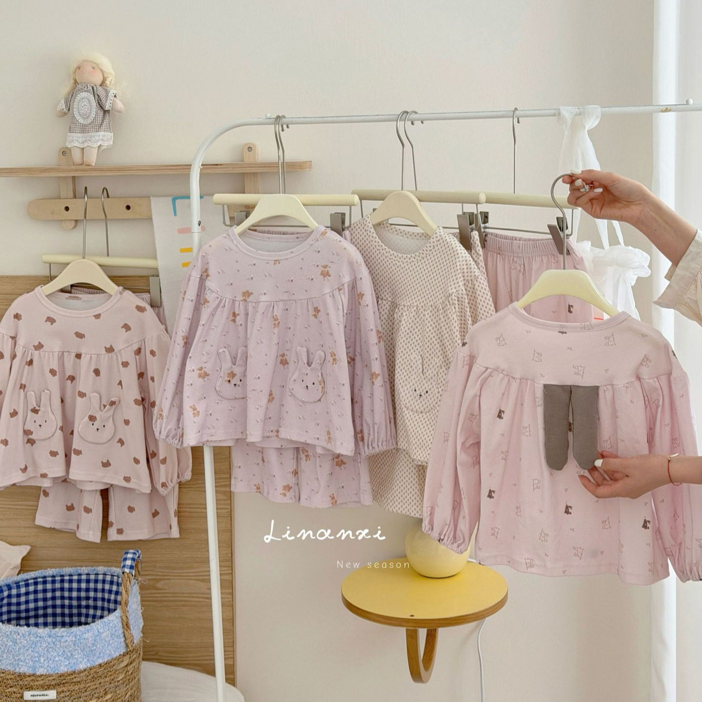 里南希 女童睡衣套装年早秋新款儿童家居服长袖兔子口袋韩版