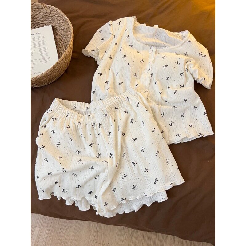 甜美少女蝴蝶结波点短袖睡衣女款夏季大码带胸垫家居服套装可外穿