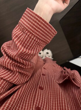韩版甜美红色格子娃娃领开衫睡衣女春秋大码长袖长裤家居服两件套