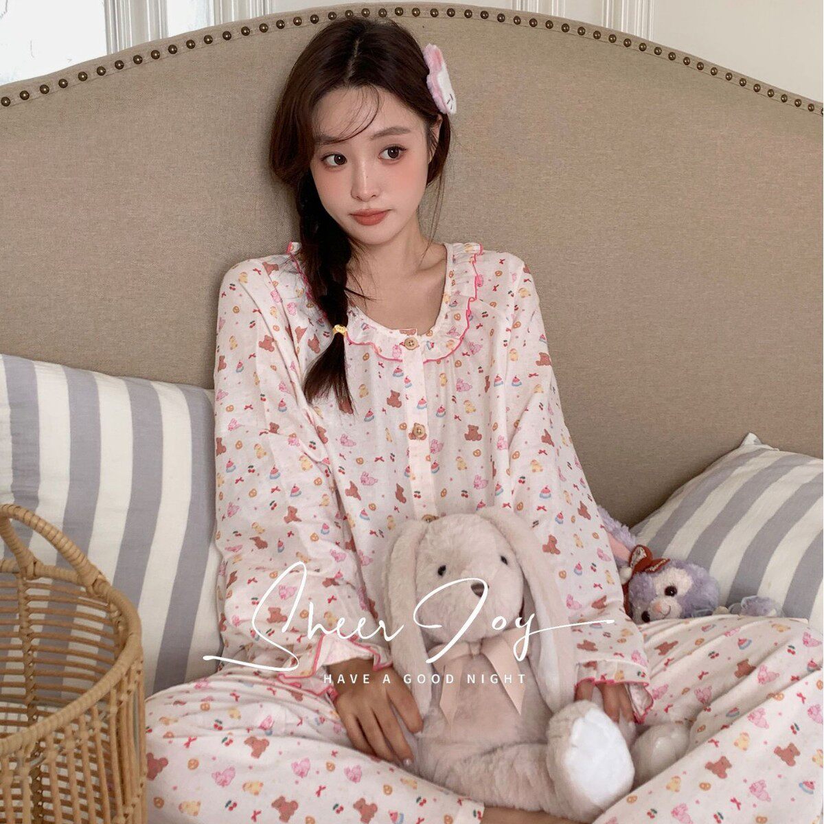 秋季新品纯棉开衫花边圆领明媚少女系列长袖长裤居家服女萌宠乐园