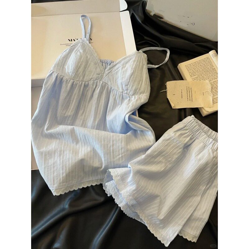 韩系ins风蓝色吊带带胸垫睡衣女夏季新款短裤家居服套装可外穿