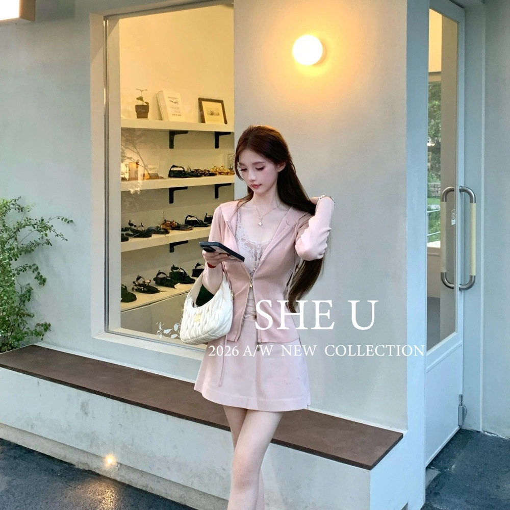 SHE U 韩系简约风纯色连帽针织开衫女26早秋季新款卫衣外套上衣