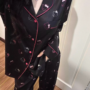 可外穿 卡通Kitty缎面冰丝睡衣女2025春秋新款 家居服长袖 长裤 套装