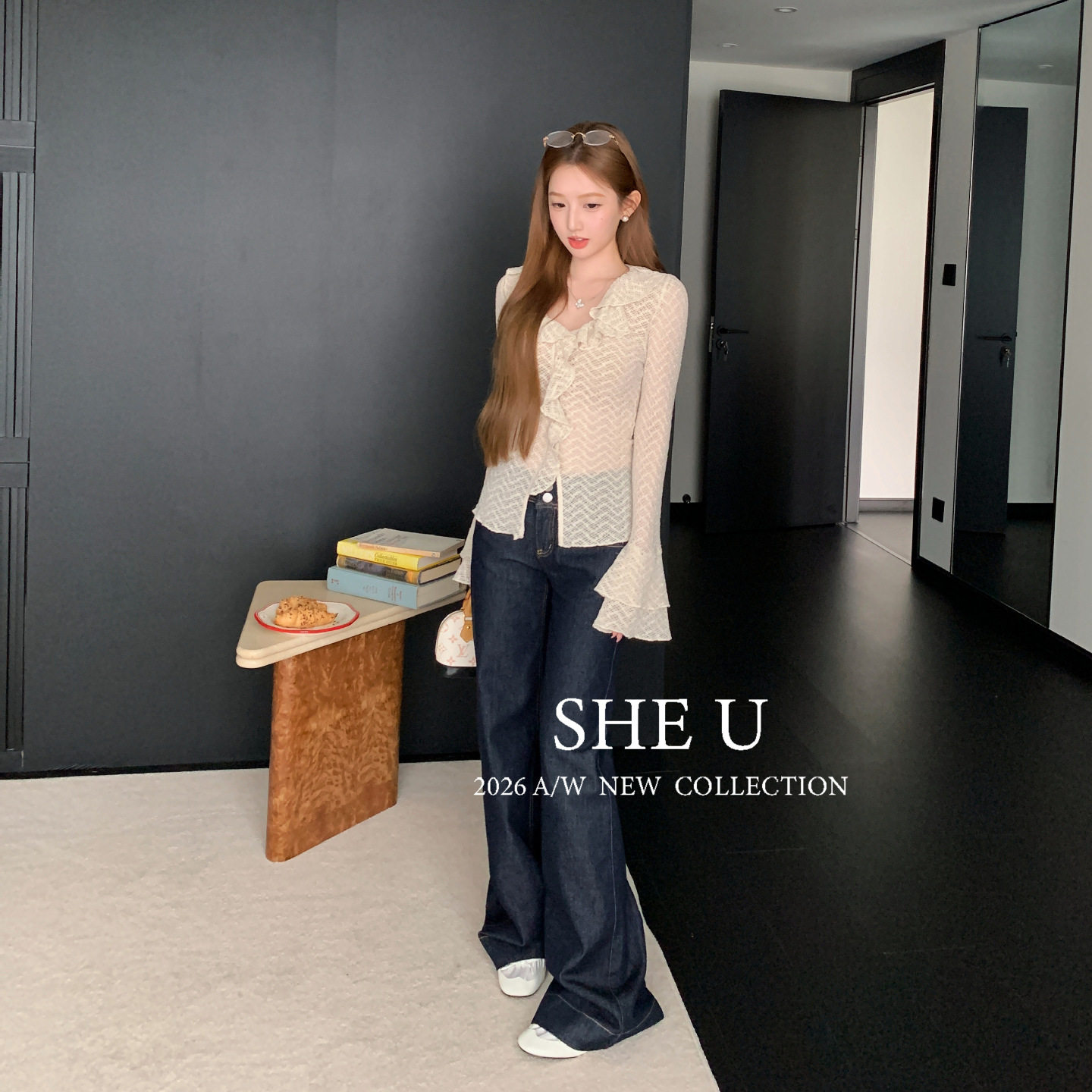 SHE U 美式复古双排扣高腰牛仔裤2026秋新百搭显瘦阔腿长裤子女