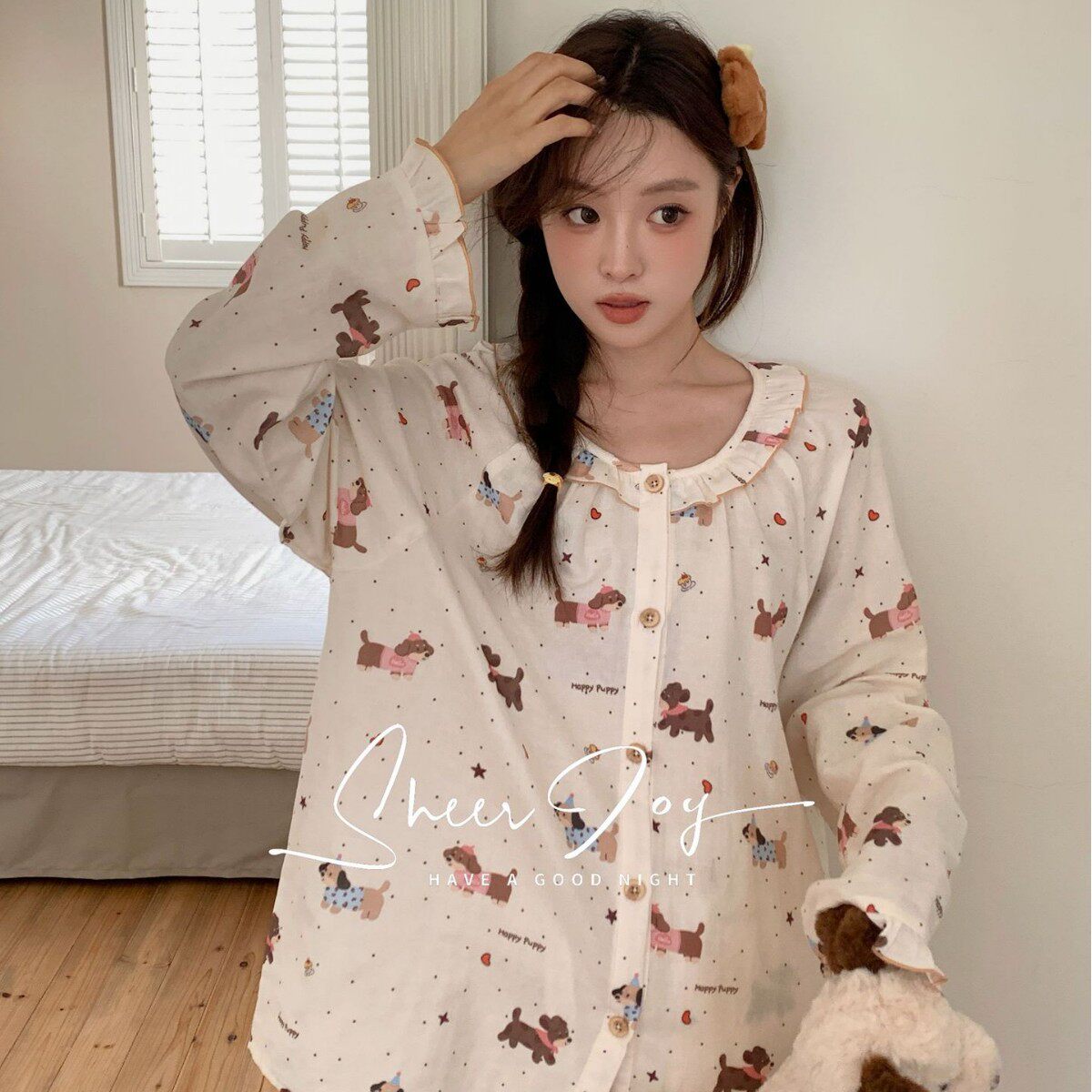 秋季新品纯棉开衫花边圆领明媚少女系列长袖长裤居家服女奇妙小狗