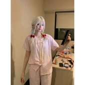 家居服套装 长裤 可外穿 短袖 甜美风小清新蝴蝶结系带睡衣女2026春季