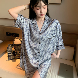 家居服衬衣裙 蓝调D家 法式 轻奢睡衣女冰丝高级感字母花纹大袖