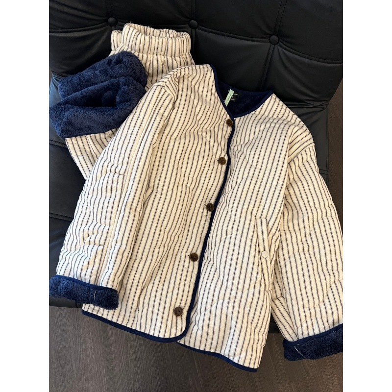 ins风简约条纹加厚夹棉睡衣女冬季2025新款家居服加厚保暖两件套