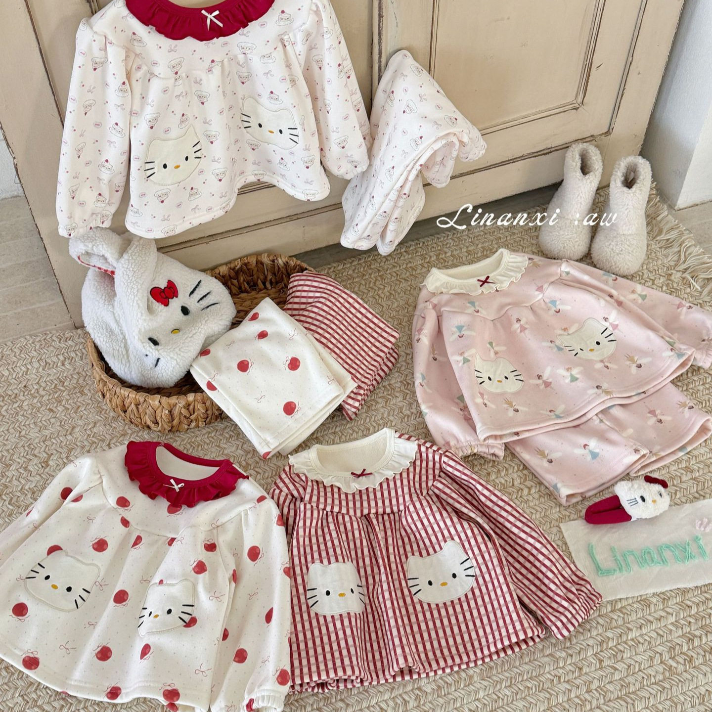 里南希 女童加绒睡衣套装冬季新款女宝娃娃衫家居服kt贴布加绒