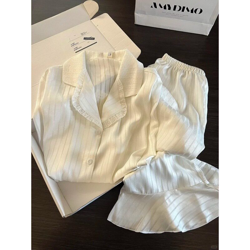 法式轻奢蕾丝边冰丝缎面睡衣女款春秋新款长袖长裤大码家居服套装