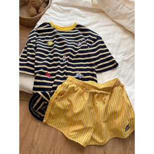 可爱图案短袖睡衣女夏天新款可出门休闲条纹短裤家居服大码套装