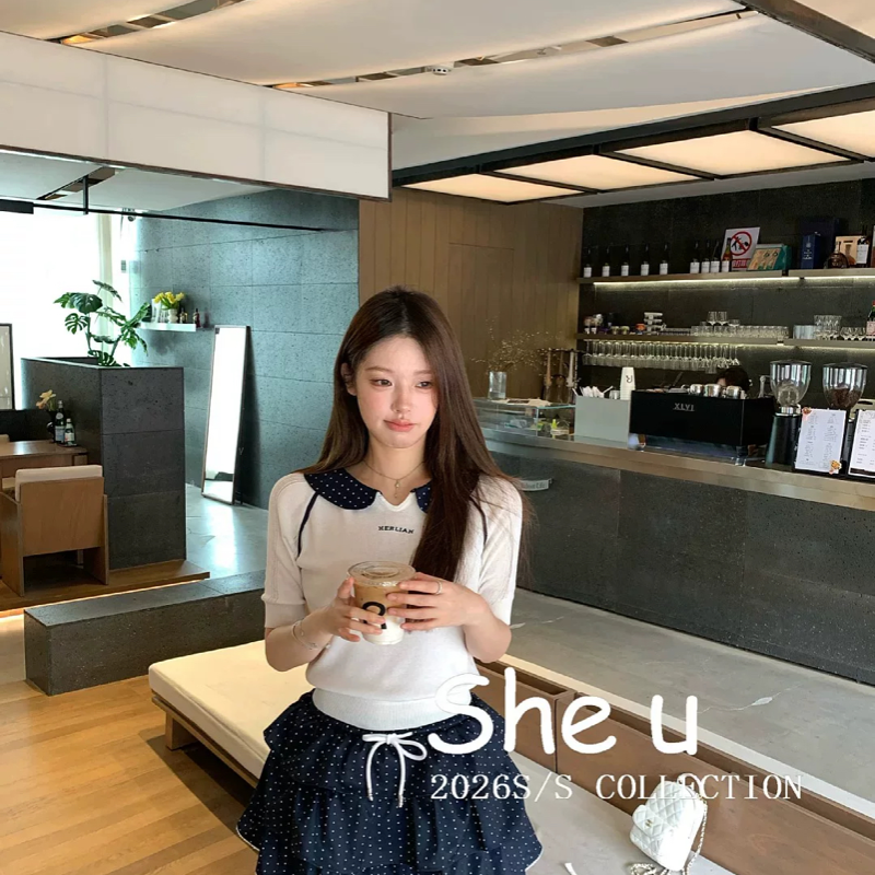SHE U 少女韩系学院风波点松紧短裙2026夏季新款百搭显瘦蛋糕裙