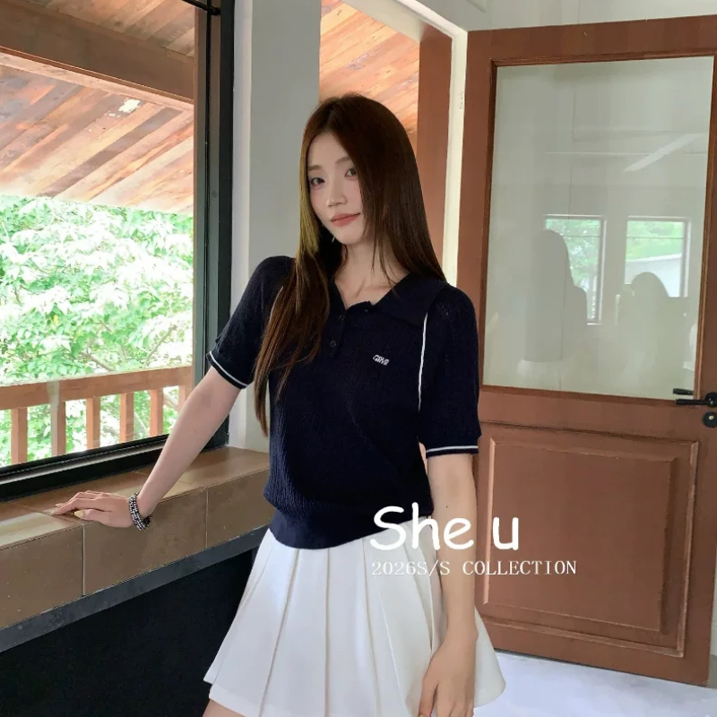 SHE U 少女美式学院风刺绣polo领针织衫2026夏季新款显瘦羊毛小衫