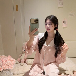 睡衣女甜美纯欲感氛围长袖 娃娃领长袖 开衫 家居服 蓝粉小乖