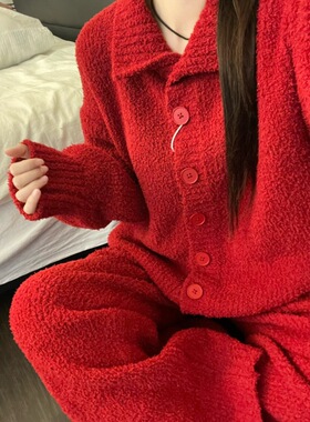 新年红色半边绒睡衣女冬季新款加绒加厚大码情侣家居服套装可外穿