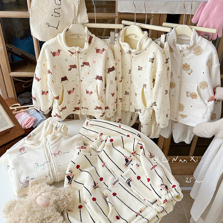 里南希 儿童秋冬加绒睡衣套装新款女童家居服男童居家服可外穿