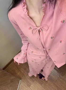 新中式木耳边棉纱睡衣女秋冬季2024高级感大码舒适国风家居服套装