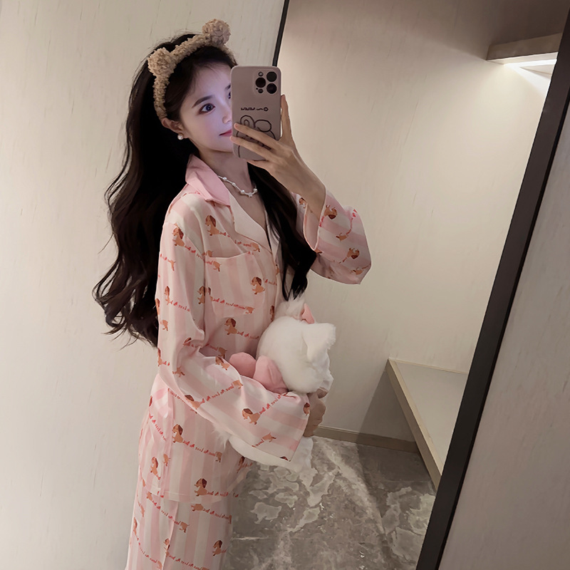 【甜芭俏狗】腊肠狗印花冰丝睡衣春秋季薄款长袖甜美宽松家居服女